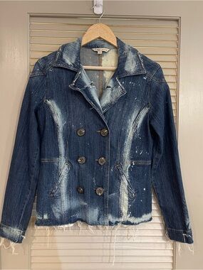 CAbi Dark Blue Distressed Double-Breasted Denim Jacket